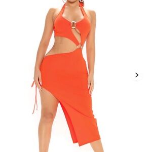 Fashion Nova orange asymmetrical cutouts Midi Dress